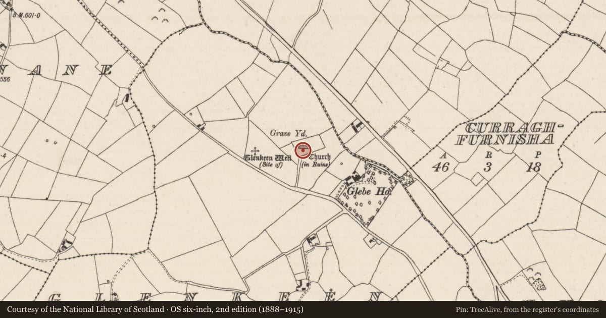 Ordnance Survey six-inch map, 2nd edition (1888–1915) covering the location of Church, Glenkeen, County Tipperary North, with a pin at the register's coordinates