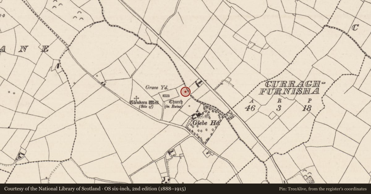 Ordnance Survey six-inch map, 2nd edition (1888–1915) covering the location of Water mill - horizontal-wheeled, Glenkeen, County Tipperary North, with a pin at the register's coordinates