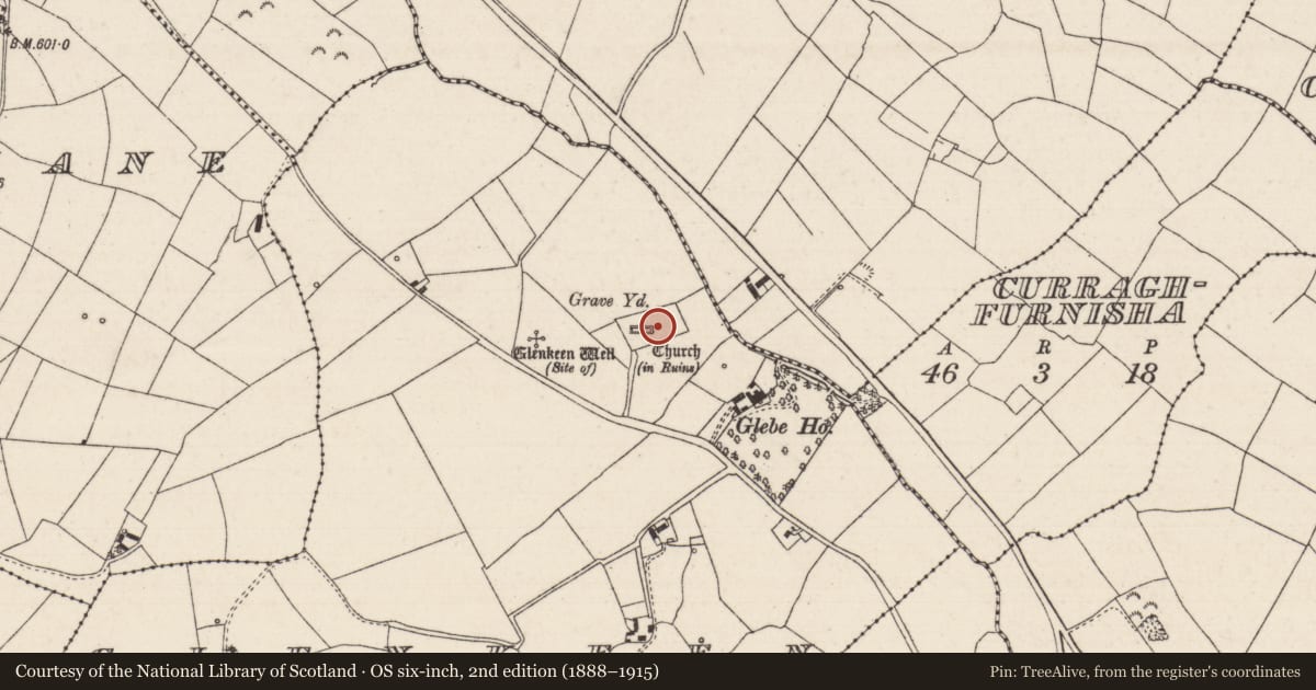 Ordnance Survey six-inch map, 2nd edition (1888–1915) covering the location of Graveyard, Glenkeen, County Tipperary North, with a pin at the register's coordinates