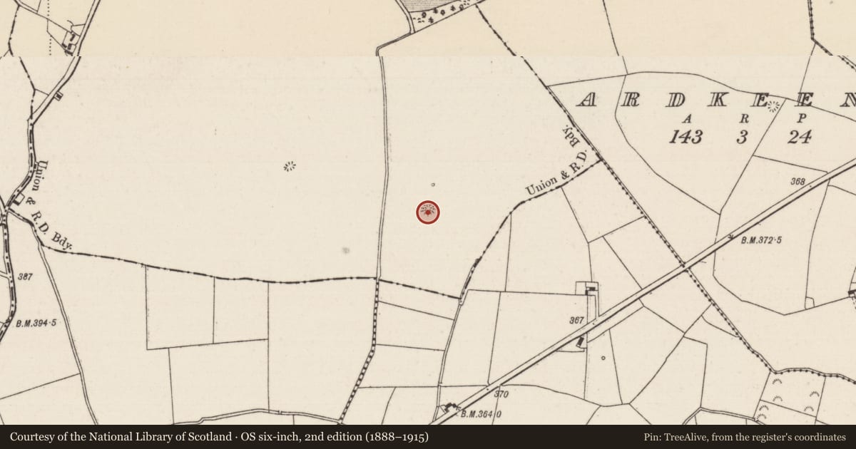 Ordnance Survey six-inch map, 2nd edition (1888–1915) covering the location of Enclosure, Killoskehan, County Tipperary North, with a pin at the register's coordinates