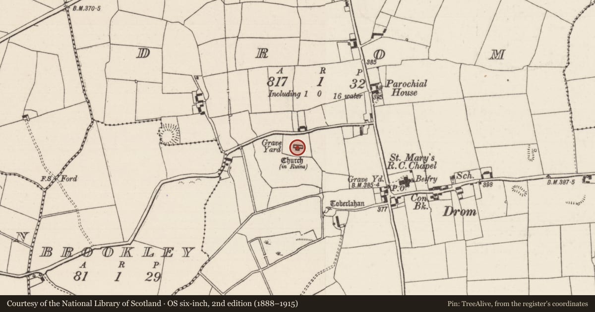 Ordnance Survey six-inch map, 2nd edition (1888–1915) covering the location of Church, Drom, County Tipperary North, with a pin at the register's coordinates