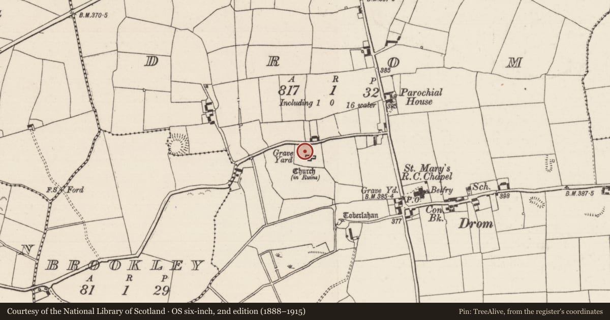 Ordnance Survey six-inch map, 2nd edition (1888–1915) covering the location of Graveyard, Drom, County Tipperary North, with a pin at the register's coordinates