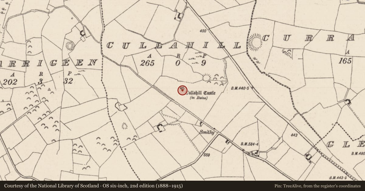 Ordnance Survey six-inch map, 2nd edition (1888–1915) covering the location of House - indeterminate date, Cullahill (Glenkeen Par.), County Tipperary North, with a pin at the register's coordinates