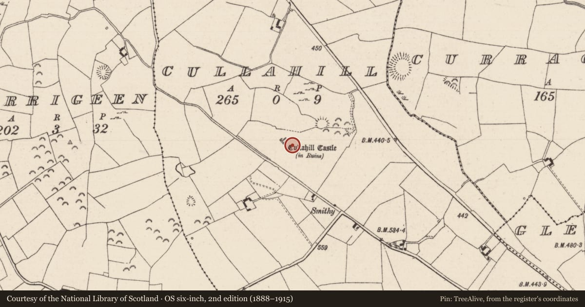 Ordnance Survey six-inch map, 2nd edition (1888–1915) covering the location of House - indeterminate date, Cullahill (Glenkeen Par.), County Tipperary North, with a pin at the register's coordinates