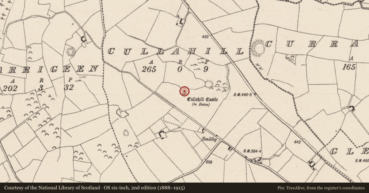 Ordnance Survey six-inch map, 2nd edition (1888–1915) covering the location of Settlement deserted - medieval, Cullahill (Glenkeen Par.), County Tipperary North, with a pin at the register's coordinates