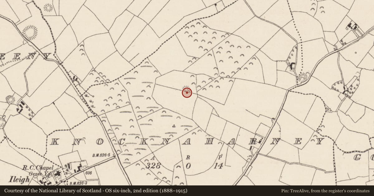 Ordnance Survey six-inch map, 2nd edition (1888–1915) covering the location of Ringfort - rath, Knocknaharney, County Tipperary North, with a pin at the register's coordinates