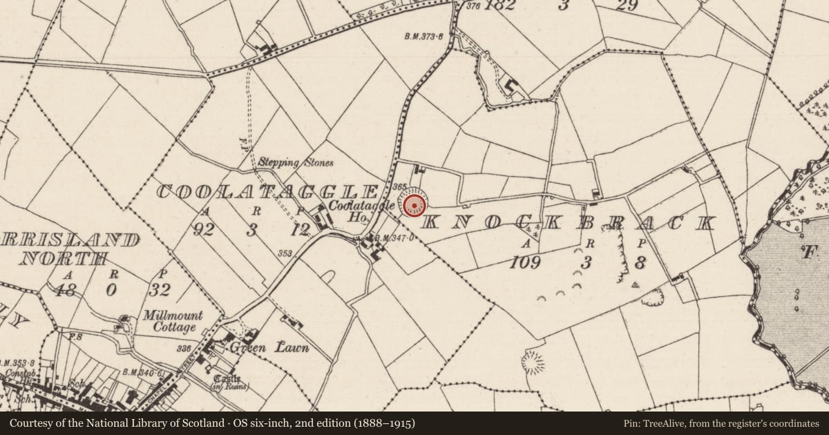 Ordnance Survey six-inch map, 2nd edition (1888–1915) covering the location of Ringfort - rath, Knockbrack (Glenkeen Par.), County Tipperary North, with a pin at the register's coordinates