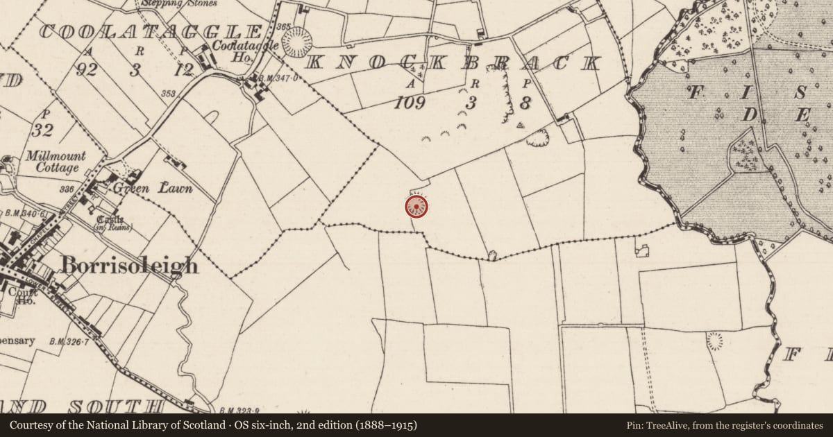 Ordnance Survey six-inch map, 2nd edition (1888–1915) covering the location of Ringfort - rath, Knockbrack (Glenkeen Par.), County Tipperary North, with a pin at the register's coordinates