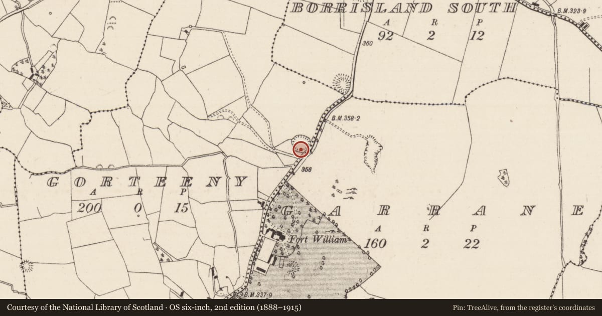 Ordnance Survey six-inch map, 2nd edition (1888–1915) covering the location of Enclosure, Garrane (Glenkeen Par.), Gorteeny, County Tipperary North, with a pin at the register's coordinates