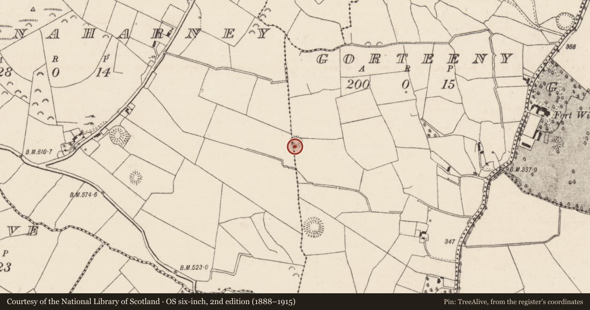Ordnance Survey six-inch map, 2nd edition (1888–1915) covering the location of Ringfort - rath, Gorteeny, Knocknaharney, County Tipperary North, with a pin at the register's coordinates