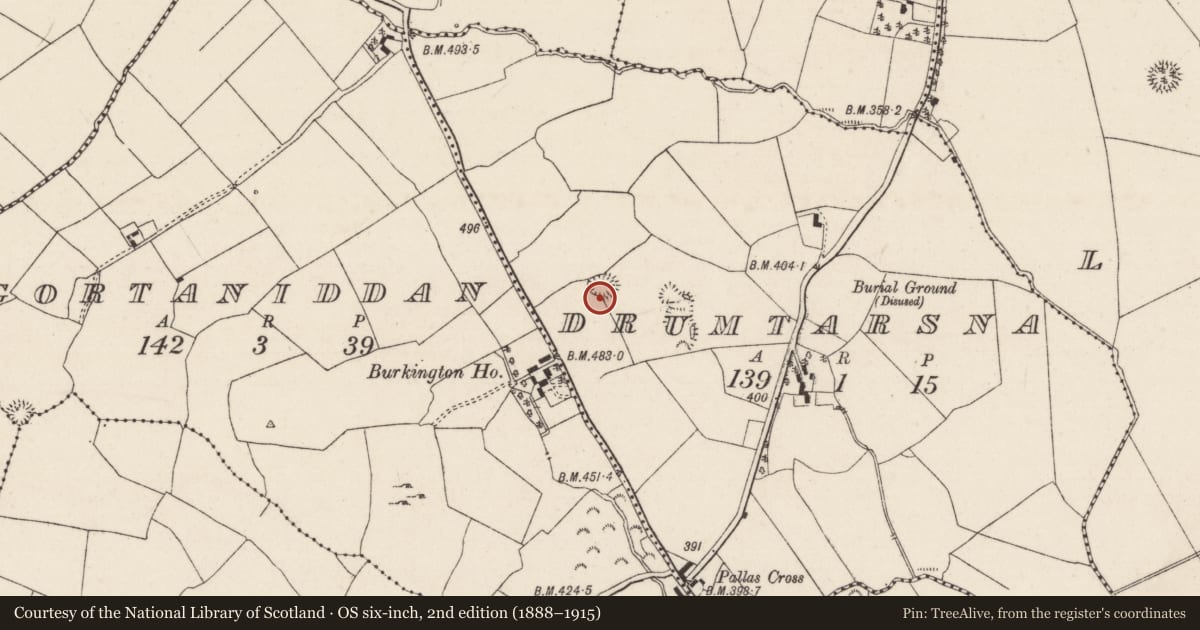 Ordnance Survey six-inch map, 2nd edition (1888–1915) covering the location of Ringfort - rath, Drumtarsna, County Tipperary North, with a pin at the register's coordinates
