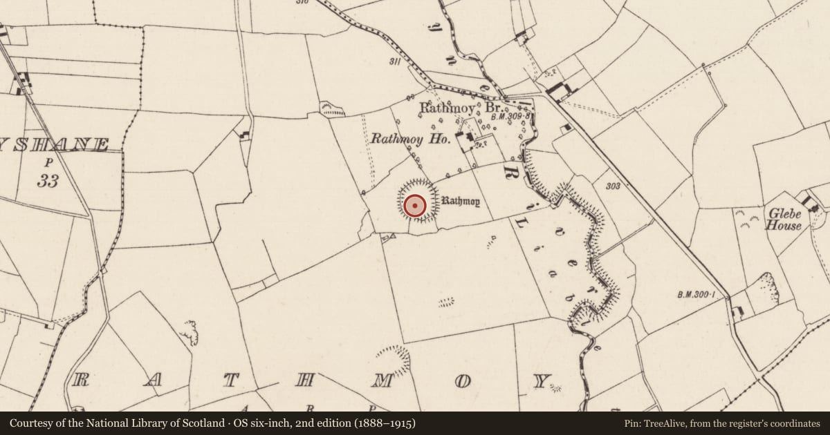 Ordnance Survey six-inch map, 2nd edition (1888–1915) covering the location of Ringfort - rath, Rathmoy, County Tipperary North, with a pin at the register's coordinates