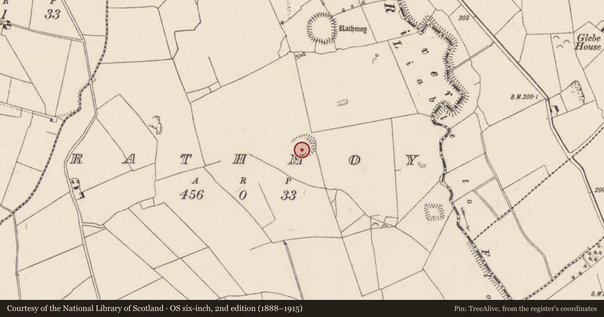Ordnance Survey six-inch map, 2nd edition (1888–1915) covering the location of Enclosure, Rathmoy, County Tipperary North, with a pin at the register's coordinates