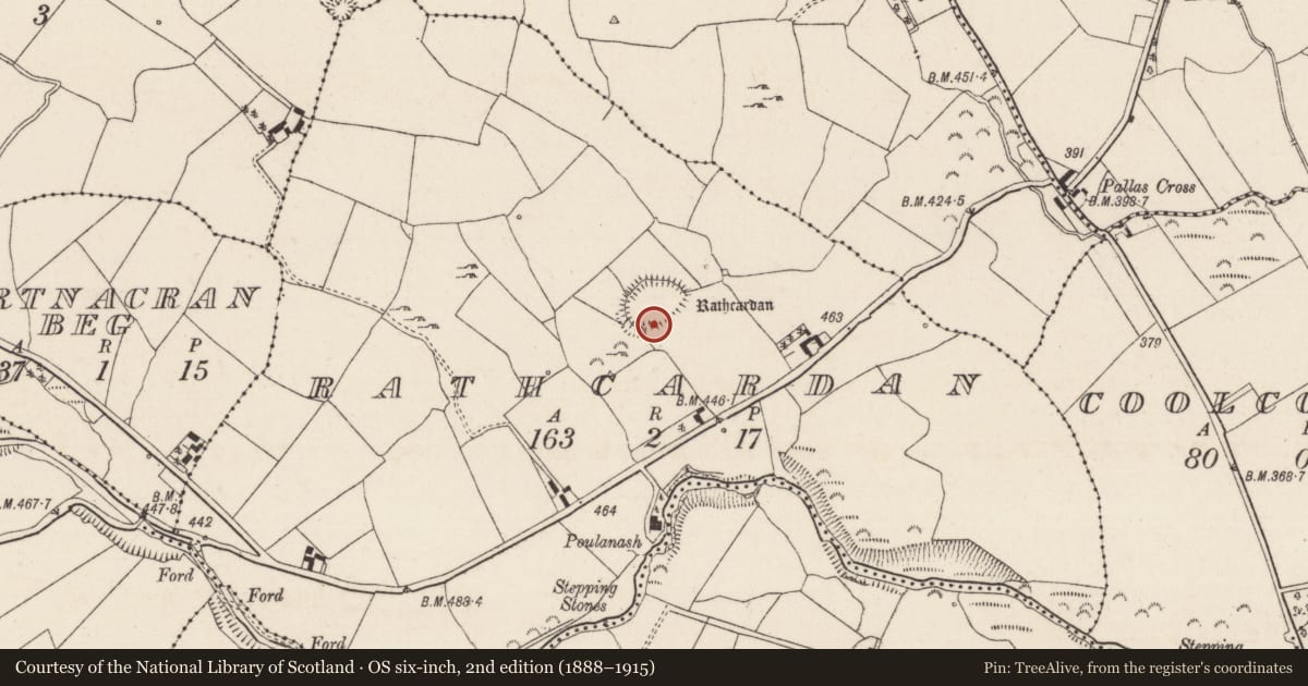Ordnance Survey six-inch map, 2nd edition (1888–1915) covering the location of Ringfort - rath, Rathcardan, County Tipperary North, with a pin at the register's coordinates