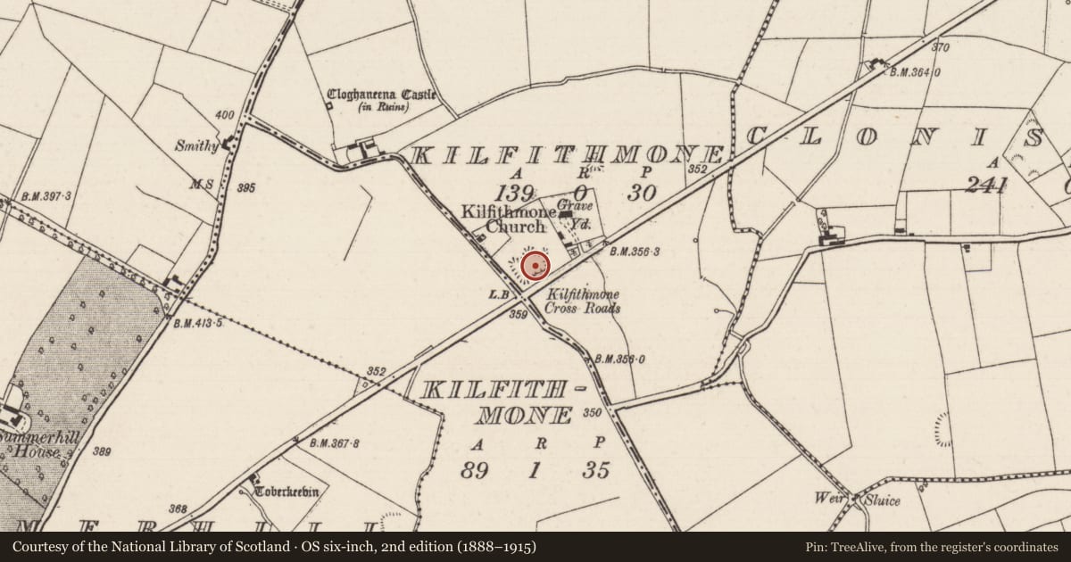 Ordnance Survey six-inch map, 2nd edition (1888–1915) covering the location of Settlement deserted - medieval, Kilfithmone (Glenkeen Par.), Kilfithmone (Kilfithmone Par.), County Tipperary North, with a pin at the register's coordinates