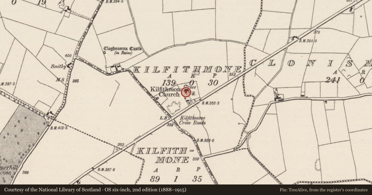 Ordnance Survey six-inch map, 2nd edition (1888–1915) covering the location of Church, Kilfithmone (Glenkeen Par.), County Tipperary North, with a pin at the register's coordinates