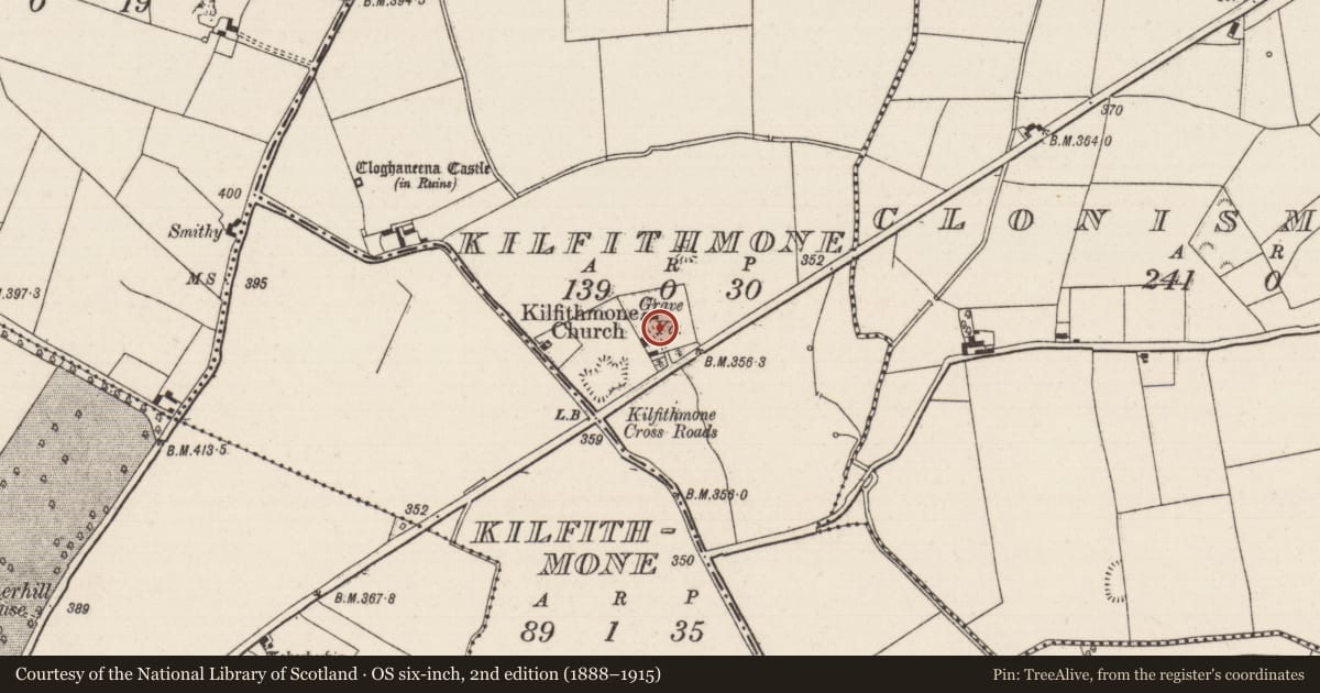 Ordnance Survey six-inch map, 2nd edition (1888–1915) covering the location of Graveyard, Kilfithmone (Glenkeen Par.), County Tipperary North, with a pin at the register's coordinates