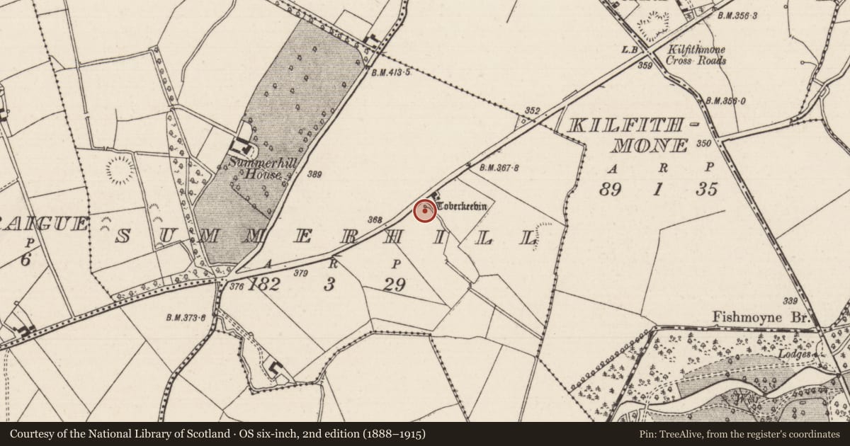 Ordnance Survey six-inch map, 2nd edition (1888–1915) covering the location of Well, Summerhill (Glenkeen Par.), County Tipperary North, with a pin at the register's coordinates