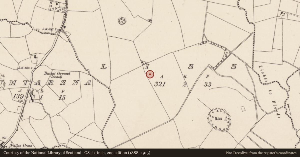 Ordnance Survey six-inch map, 2nd edition (1888–1915) covering the location of Earthwork, Liss, County Tipperary North, with a pin at the register's coordinates