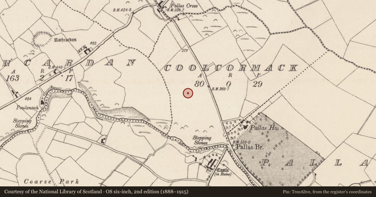 Ordnance Survey six-inch map, 2nd edition (1888–1915) covering the location of Earthwork, Coolcormack, County Tipperary North, with a pin at the register's coordinates
