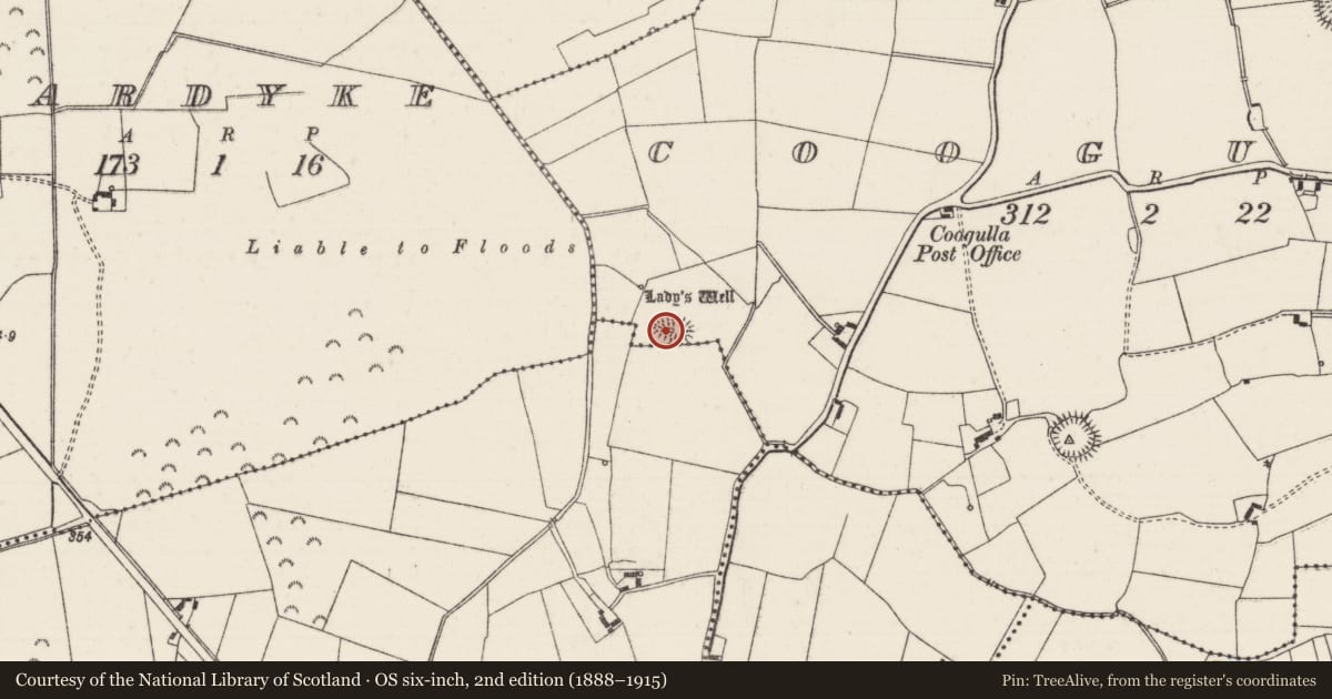 Ordnance Survey six-inch map, 2nd edition (1888–1915) covering the location of Church, Coogulla, County Tipperary North, with a pin at the register's coordinates