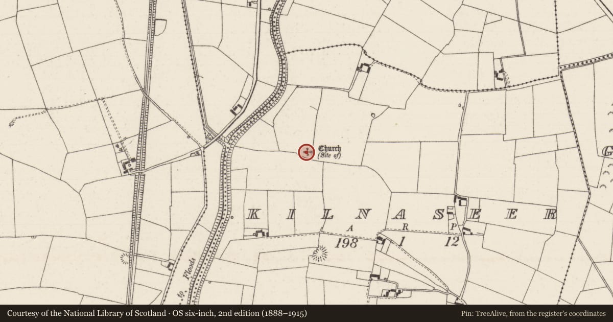 Ordnance Survey six-inch map, 2nd edition (1888–1915) covering the location of Church, Kilnaseer, County Tipperary North, with a pin at the register's coordinates