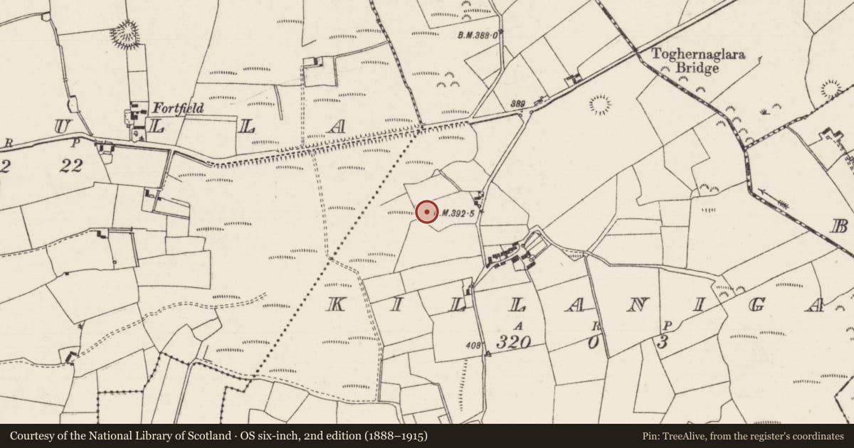Ordnance Survey six-inch map, 2nd edition (1888–1915) covering the location of Earthwork, Killanigan, County Tipperary North, with a pin at the register's coordinates