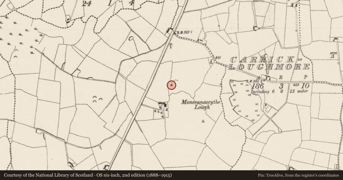 Ordnance Survey six-inch map, 2nd edition (1888–1915) covering the location of Enclosure, Killahagan, County Tipperary North, with a pin at the register's coordinates