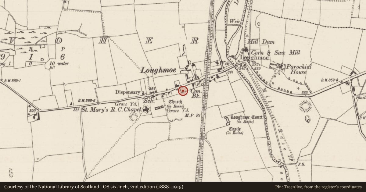 Ordnance Survey six-inch map, 2nd edition (1888–1915) covering the location of Settlement deserted - medieval, Graiguefrahane, Tinvoher, County Tipperary North, with a pin at the register's coordinates
