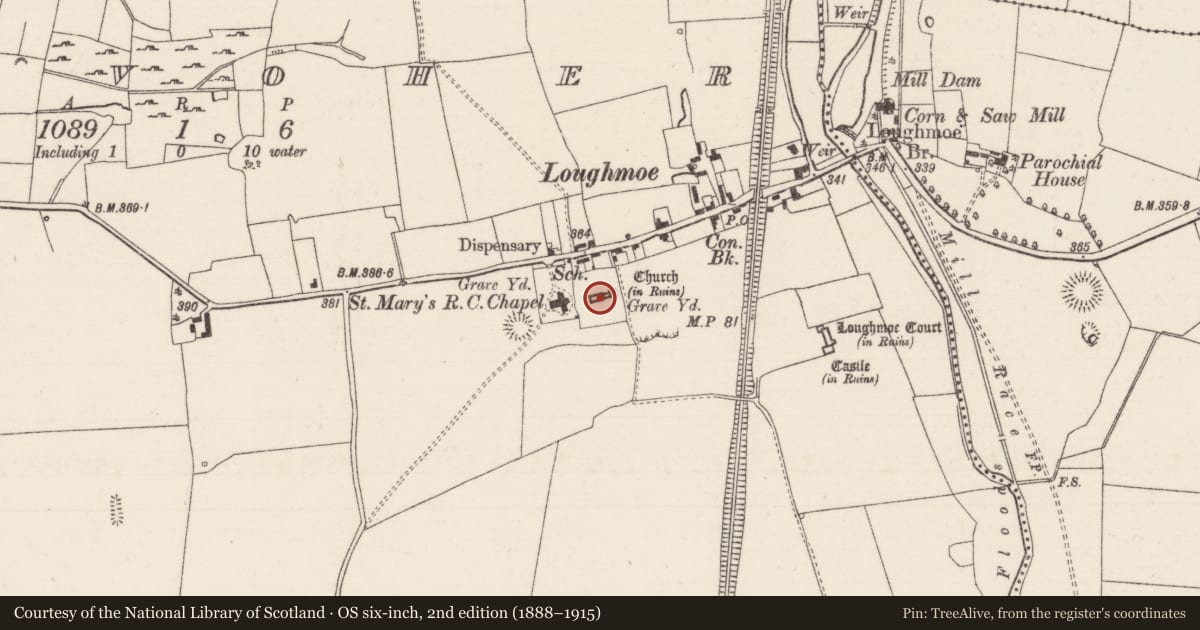Ordnance Survey six-inch map, 2nd edition (1888–1915) covering the location of Church, Tinvoher, County Tipperary North, with a pin at the register's coordinates