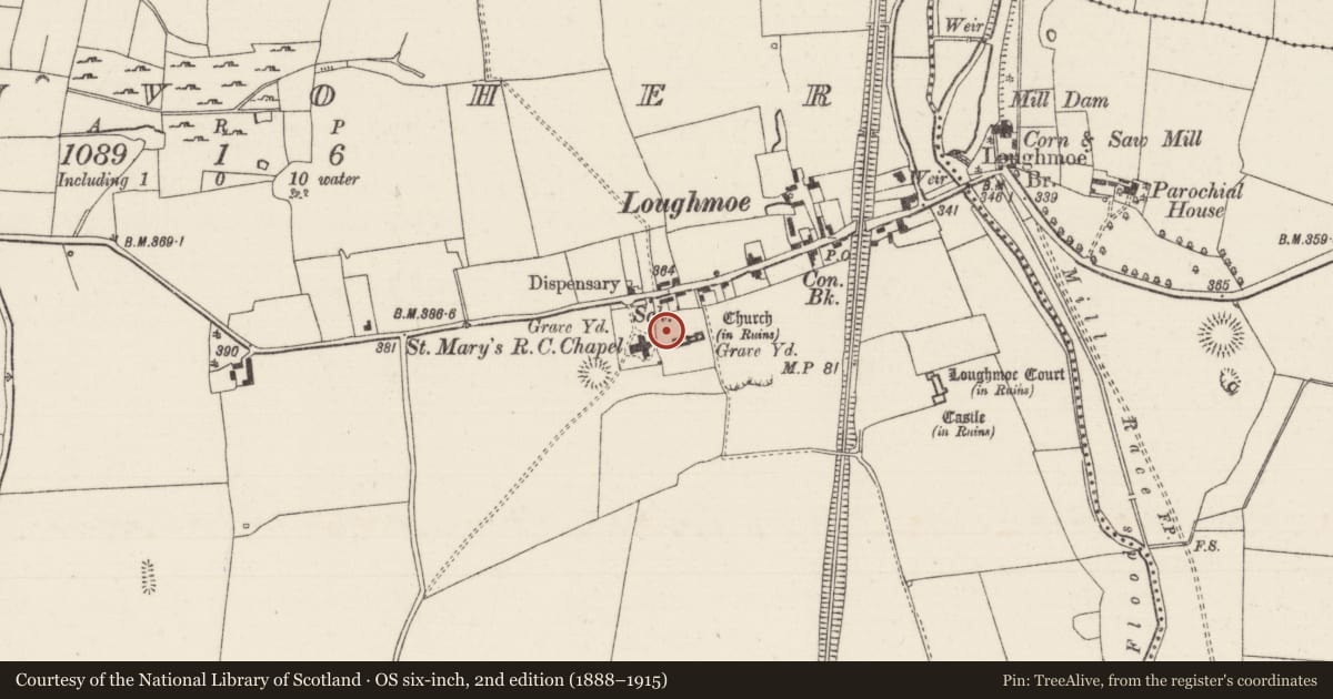 Ordnance Survey six-inch map, 2nd edition (1888–1915) covering the location of Graveyard, Tinvoher, County Tipperary North, with a pin at the register's coordinates
