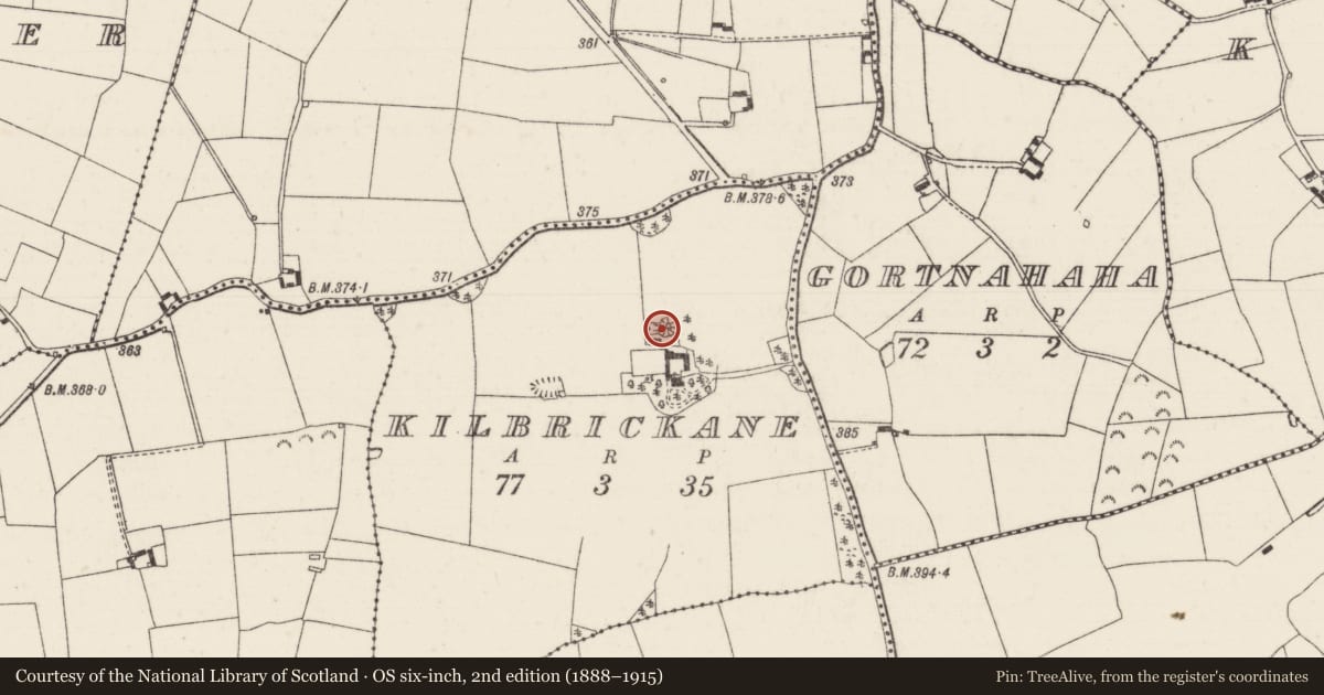 Ordnance Survey six-inch map, 2nd edition (1888–1915) covering the location of Enclosure, Kilbrickane, County Tipperary North, with a pin at the register's coordinates