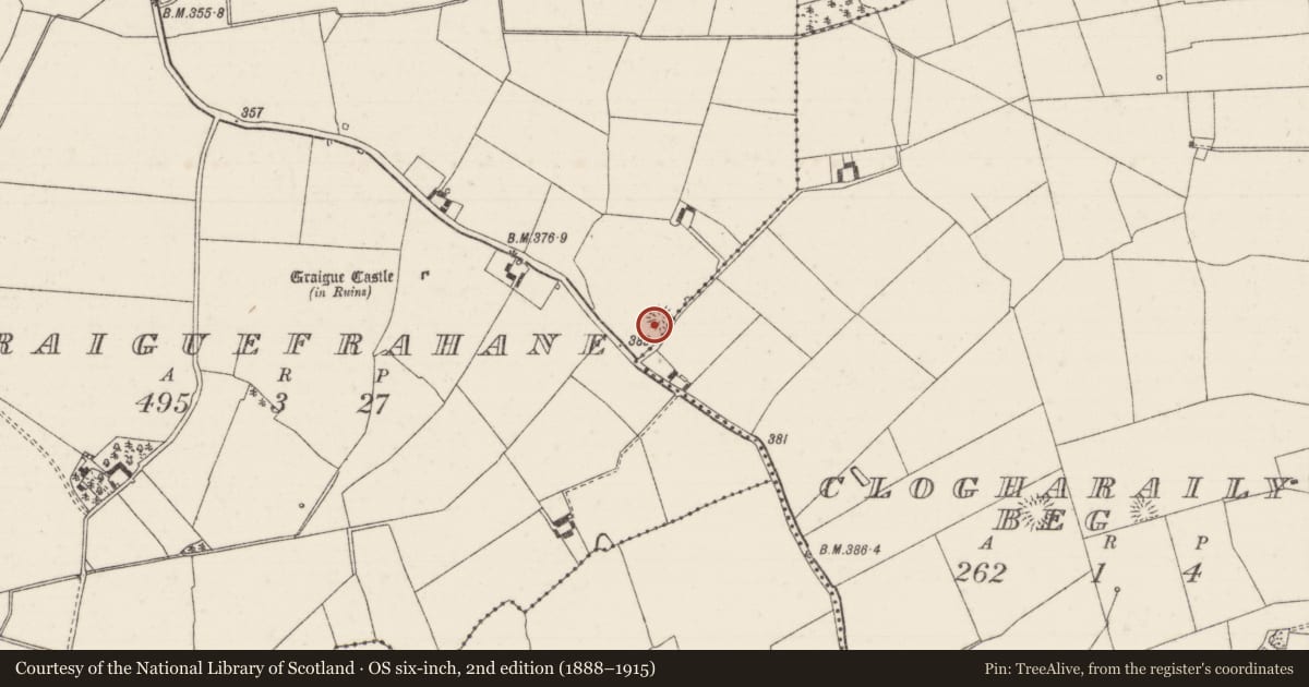 Ordnance Survey six-inch map, 2nd edition (1888–1915) covering the location of Ringfort - rath, Clogharaily Beg, Graiguefrahane, County Tipperary North, with a pin at the register's coordinates