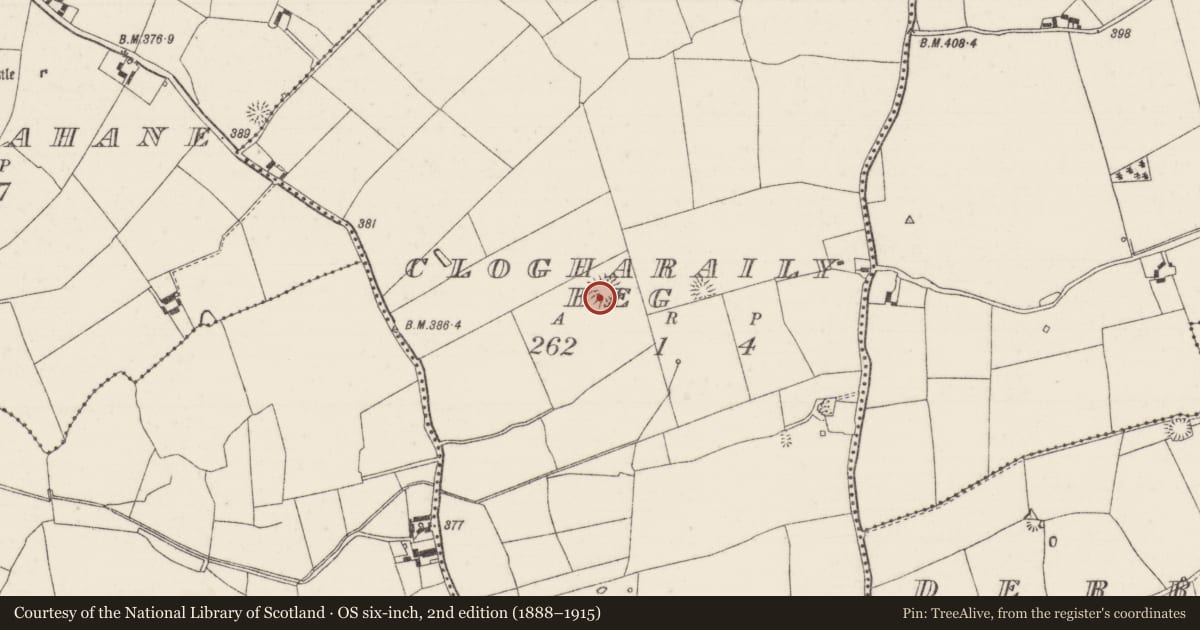 Ordnance Survey six-inch map, 2nd edition (1888–1915) covering the location of Enclosure, Clogharaily Beg, County Tipperary North, with a pin at the register's coordinates