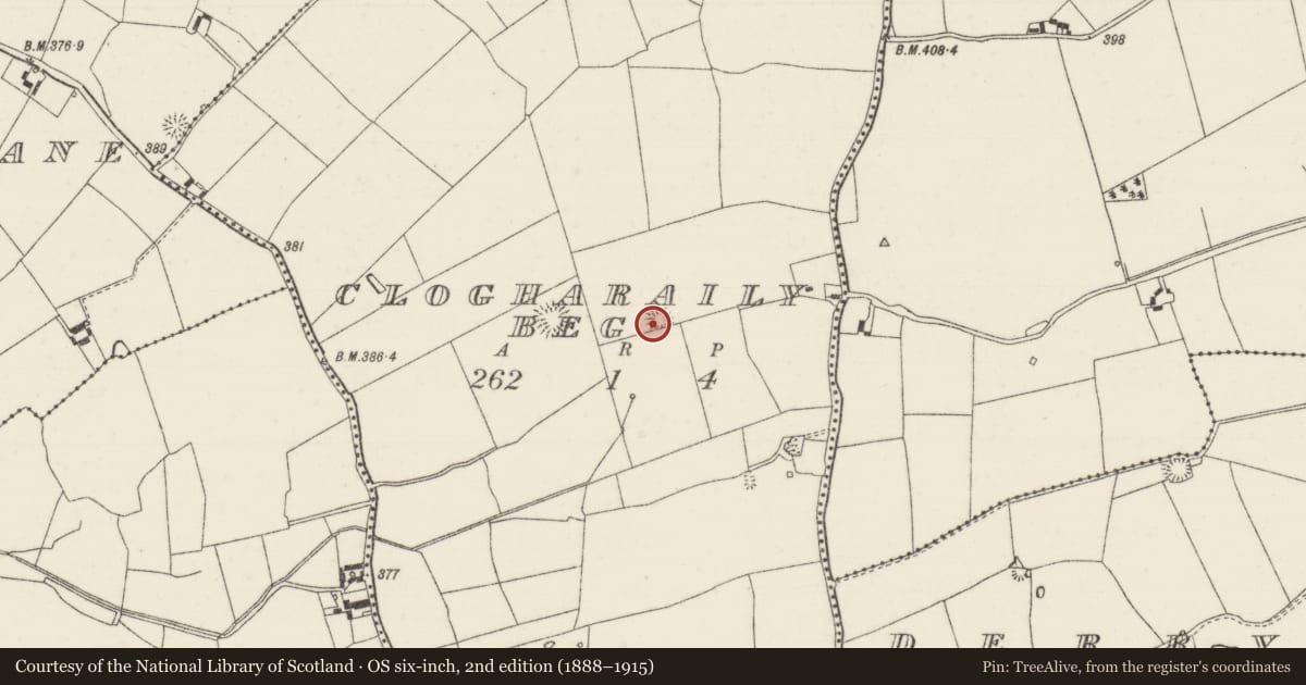 Ordnance Survey six-inch map, 2nd edition (1888–1915) covering the location of Moated site, Clogharaily Beg, County Tipperary North, with a pin at the register's coordinates