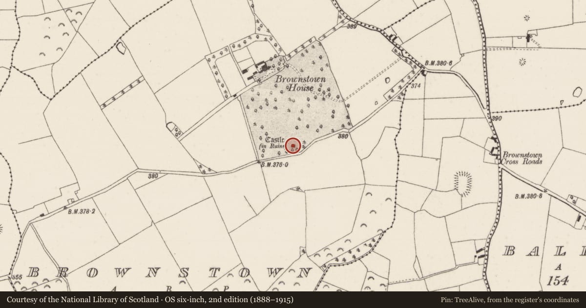 Ordnance Survey six-inch map, 2nd edition (1888–1915) covering the location of Castle - tower house, Brownstown, County Tipperary North, with a pin at the register's coordinates