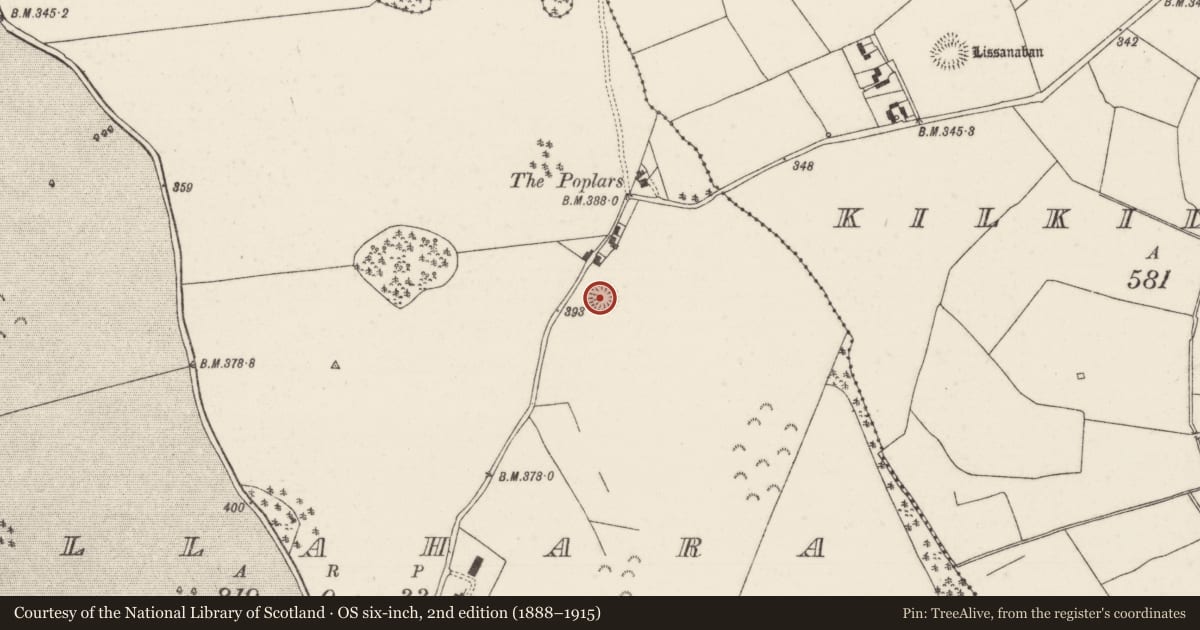Ordnance Survey six-inch map, 2nd edition (1888–1915) covering the location of Enclosure, Killahara, County Tipperary North, with a pin at the register's coordinates