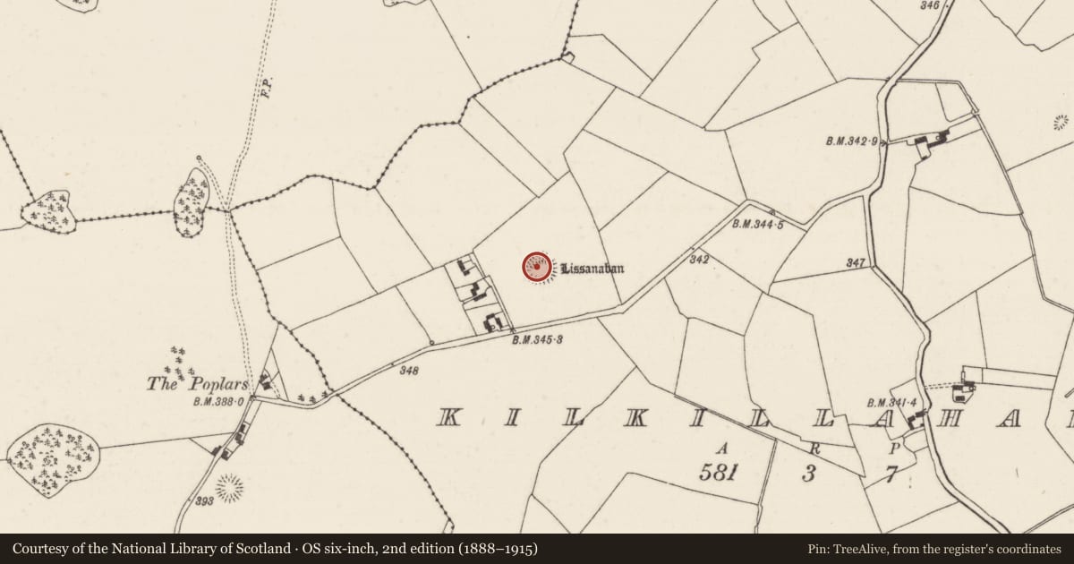 Ordnance Survey six-inch map, 2nd edition (1888–1915) covering the location of Ringfort - rath, Kilkillahara, County Tipperary North, with a pin at the register's coordinates