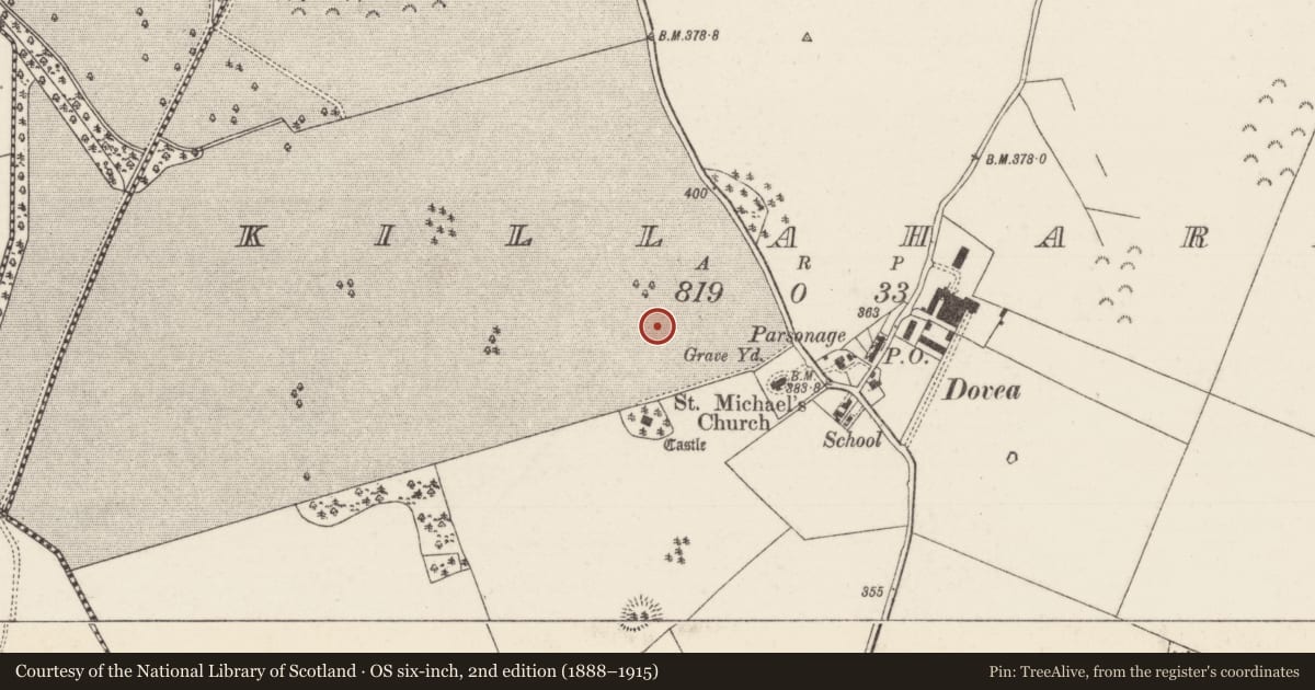 Ordnance Survey six-inch map, 2nd edition (1888–1915) covering the location of Earthwork, Killahara, County Tipperary North, with a pin at the register's coordinates