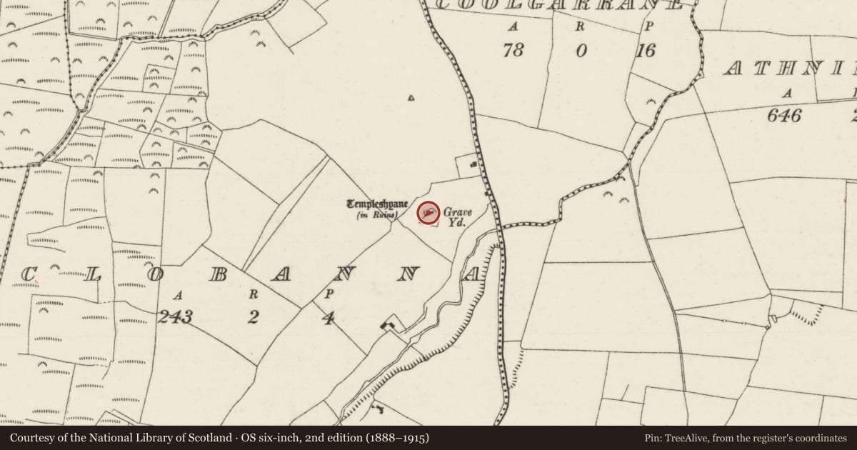 Ordnance Survey six-inch map, 2nd edition (1888–1915) covering the location of Church, Clobanna, County Tipperary North, with a pin at the register's coordinates