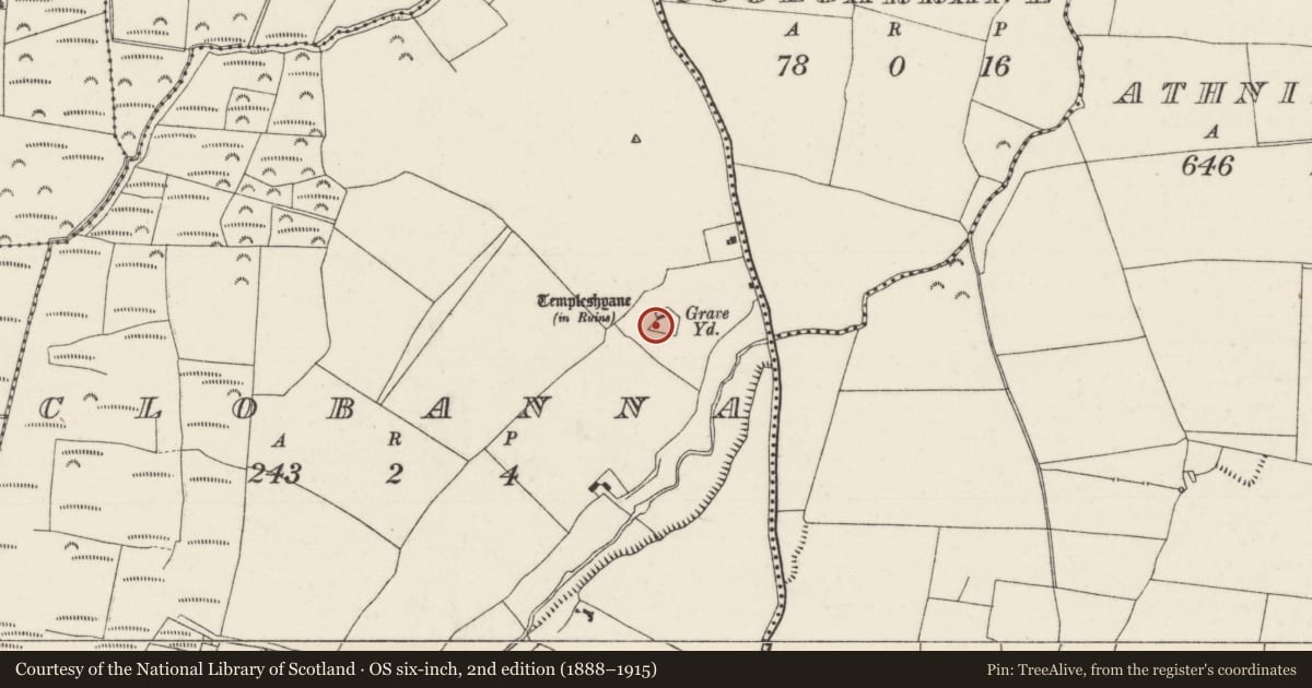 Ordnance Survey six-inch map, 2nd edition (1888–1915) covering the location of Graveyard, Clobanna, County Tipperary North, with a pin at the register's coordinates