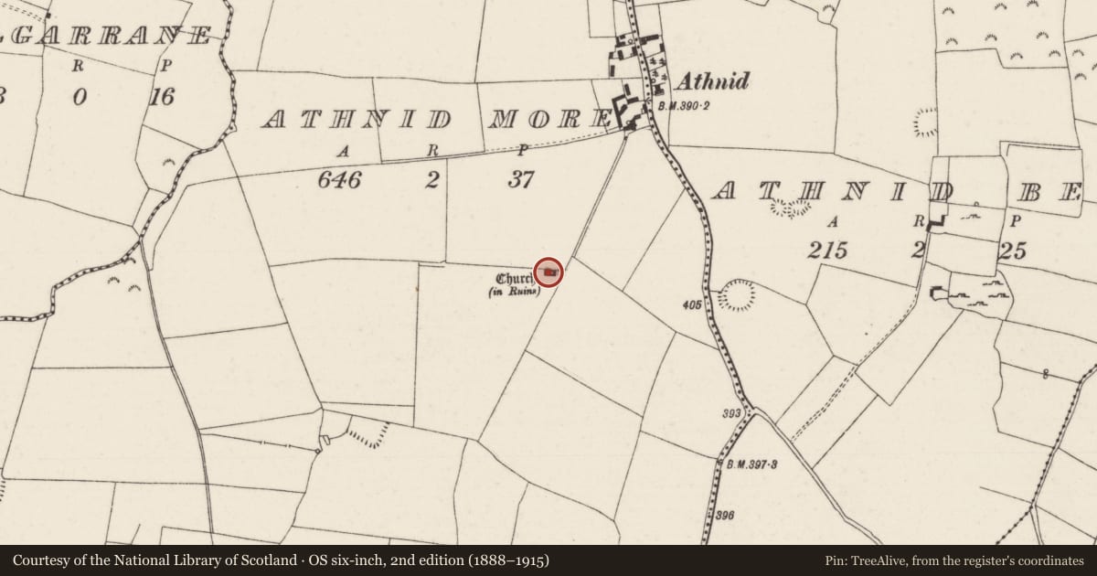 Ordnance Survey six-inch map, 2nd edition (1888–1915) covering the location of Church, Athnid More, County Tipperary North, with a pin at the register's coordinates
