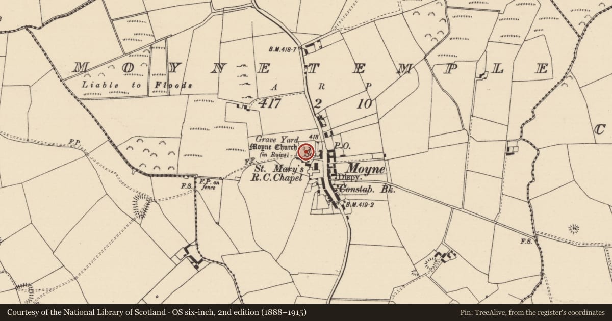 Ordnance Survey six-inch map, 2nd edition (1888–1915) covering the location of Graveyard, Moynetemple, County Tipperary North, with a pin at the register's coordinates