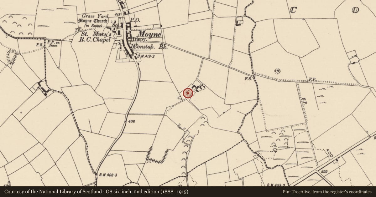 Ordnance Survey six-inch map, 2nd edition (1888–1915) covering the location of Earthwork, Moynetemple, County Tipperary North, with a pin at the register's coordinates