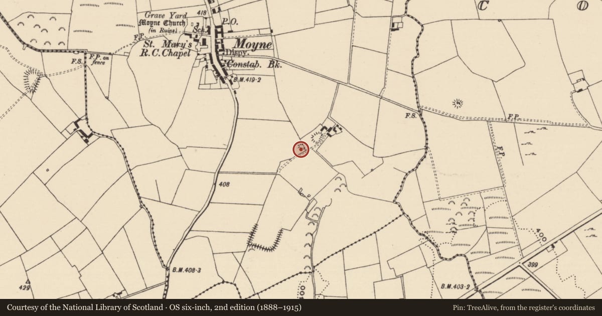 Ordnance Survey six-inch map, 2nd edition (1888–1915) covering the location of Mound, Moynetemple, County Tipperary North, with a pin at the register's coordinates