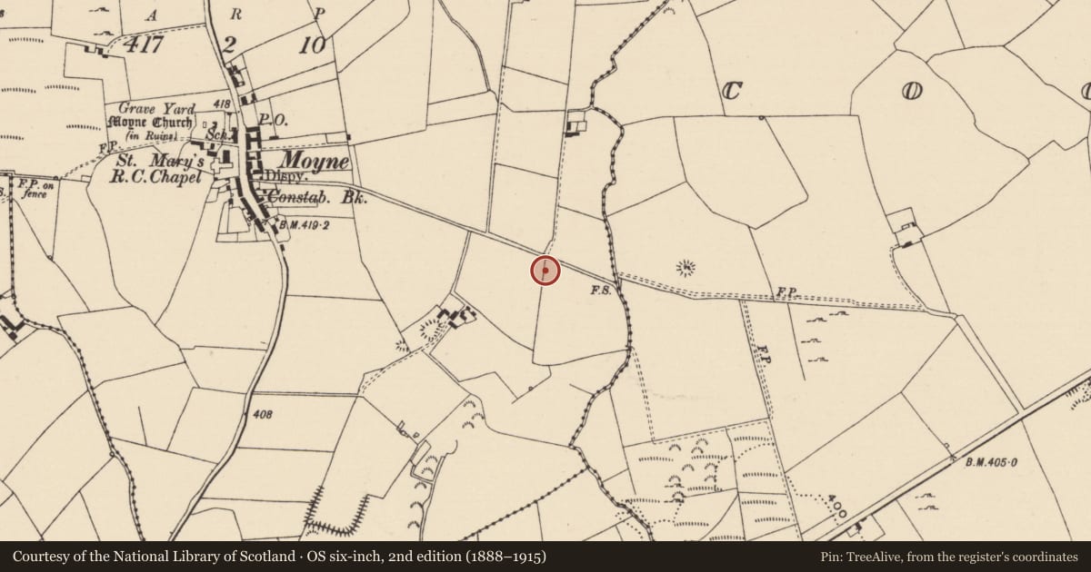 Ordnance Survey six-inch map, 2nd edition (1888–1915) covering the location of Windmill, Moynetemple, County Tipperary North, with a pin at the register's coordinates