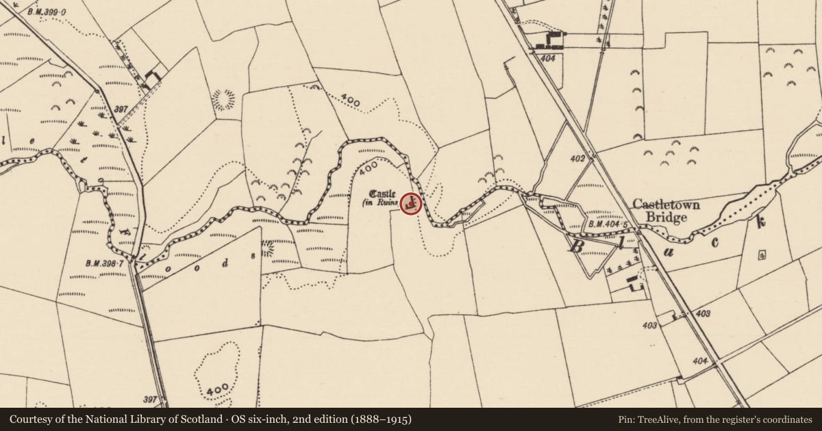 Ordnance Survey six-inch map, 2nd edition (1888–1915) covering the location of House - fortified house, Castletown (Moyne Par.), County Tipperary North, with a pin at the register's coordinates
