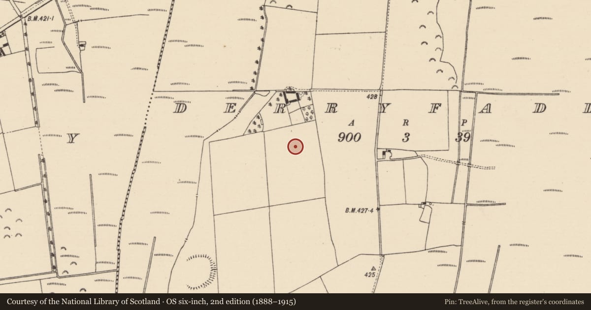 Ordnance Survey six-inch map, 2nd edition (1888–1915) covering the location of Enclosure, Derryfadda, County Tipperary North, with a pin at the register's coordinates