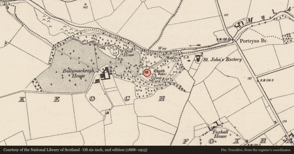 Ordnance Survey six-inch map, 2nd edition (1888–1915) covering the location of Church, Ballymackeogh, County Tipperary North, with a pin at the register's coordinates