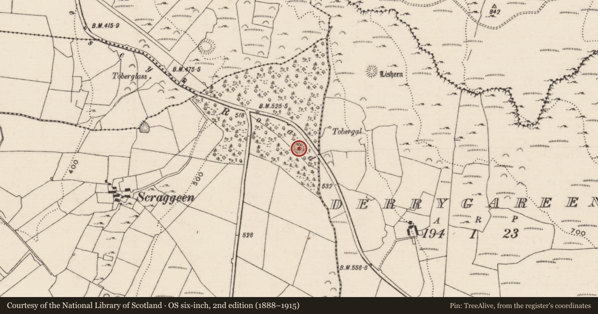 Ordnance Survey six-inch map, 2nd edition (1888–1915) covering the location of Enclosure, Scraggeen, County Tipperary North, with a pin at the register's coordinates